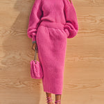 ElevenOra Chic Elegant Hot Pink Round Neck Shoulder Cutout Long Sleeve Sweater Bodycon Midi Skirt Knit Two-Piece Set