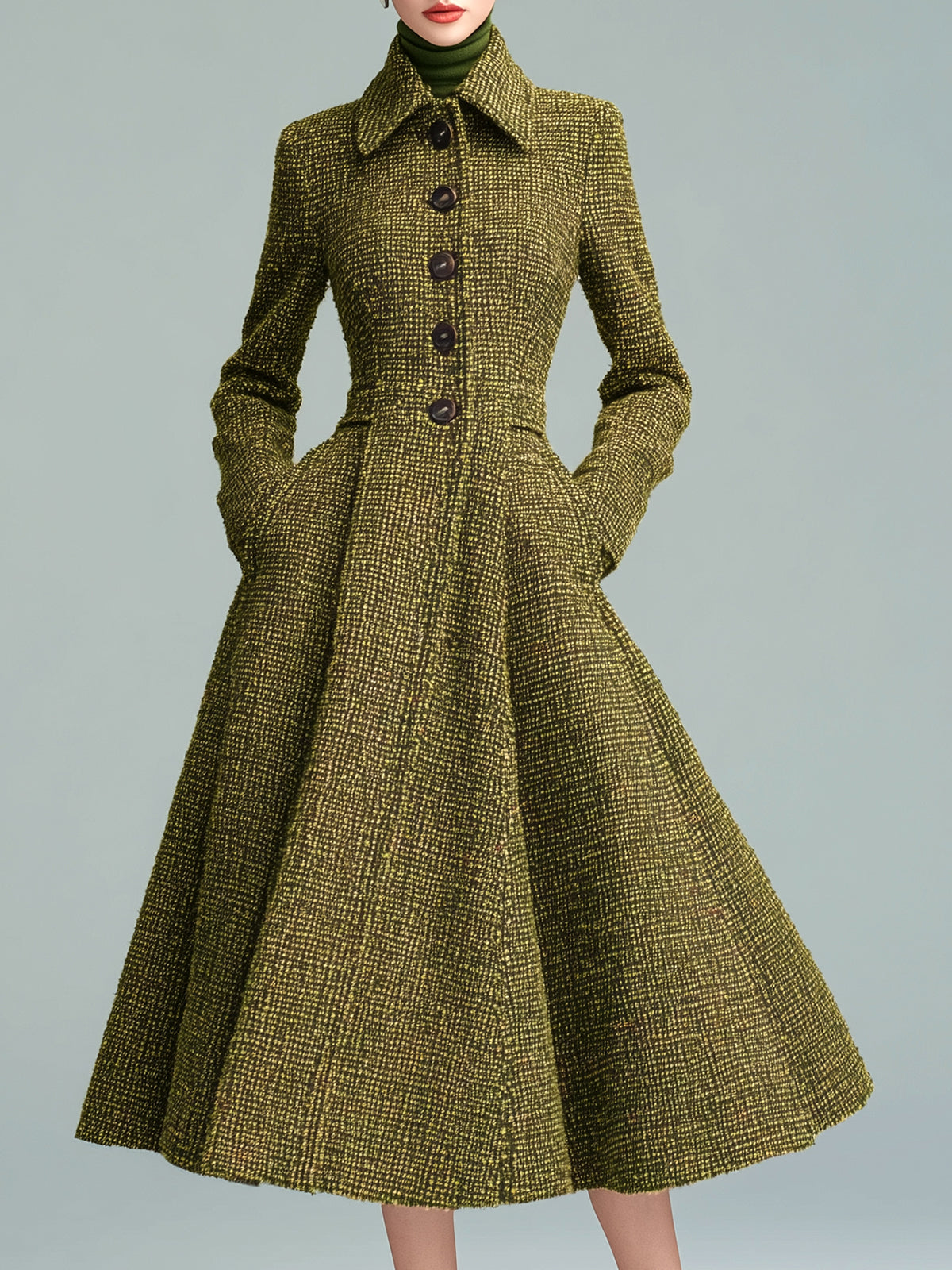 ElevenOraVintage Elegant Green Tweed Lapel Single-breasted Flared Hem Long Coat