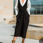 ElevenOra Chic Casual Black Wool Blend V-Neck Button-Front Belted Pinafore Bodycon Midi Dress