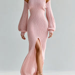 ElevenOra Chic Elegant Off-Shoulder Turtleneck Long Balloon Sleeve High Slit Knitted Maxi Dress
