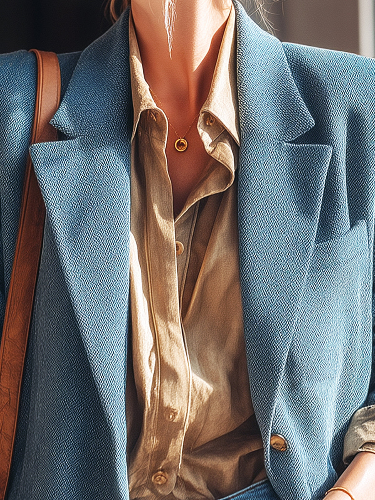 ElevenOra Casual Office Blue Herringbone Wool Blend Notch Lapel Single-Breasted Oversized Blazer