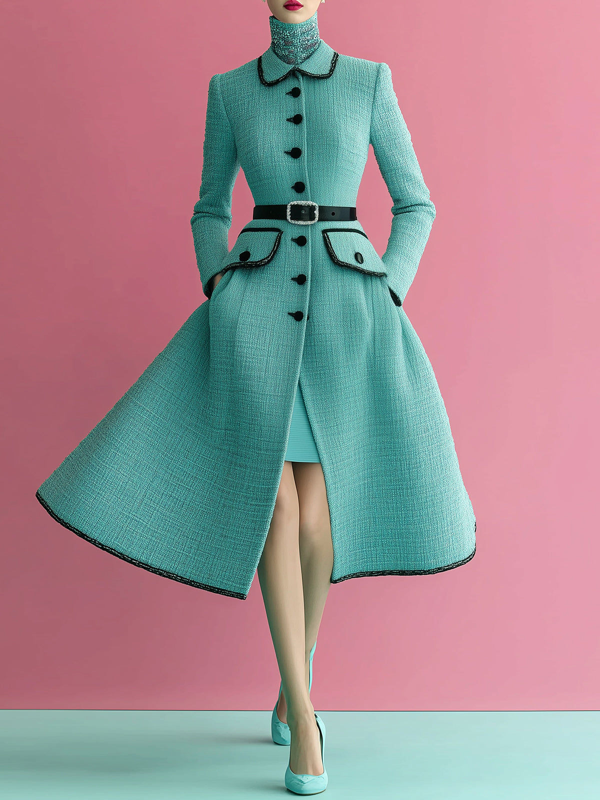 ElevenOra Vintage Elegant Tweed Peter Pan Collar Single-breasted Contrast Trim Belted Mid-Length Dress Coat