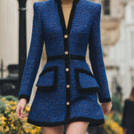 ElevenOra Vintage Elegant Tweed Contrast Trim V-neck Single-breasted Tailored Wast Mini Dress Coat