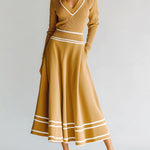 ElevenOra Chic Vintage Contrast Stripes V-Neck Slim-Fit Long-sleeve Sweater Elastic Waist A-Line Skirt Knit Two-piece Set