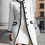 ElevenOra Vintage Elegant Tweed Round Neck Single-Breasted Contrast Trim Tailored Mid-Length Coat