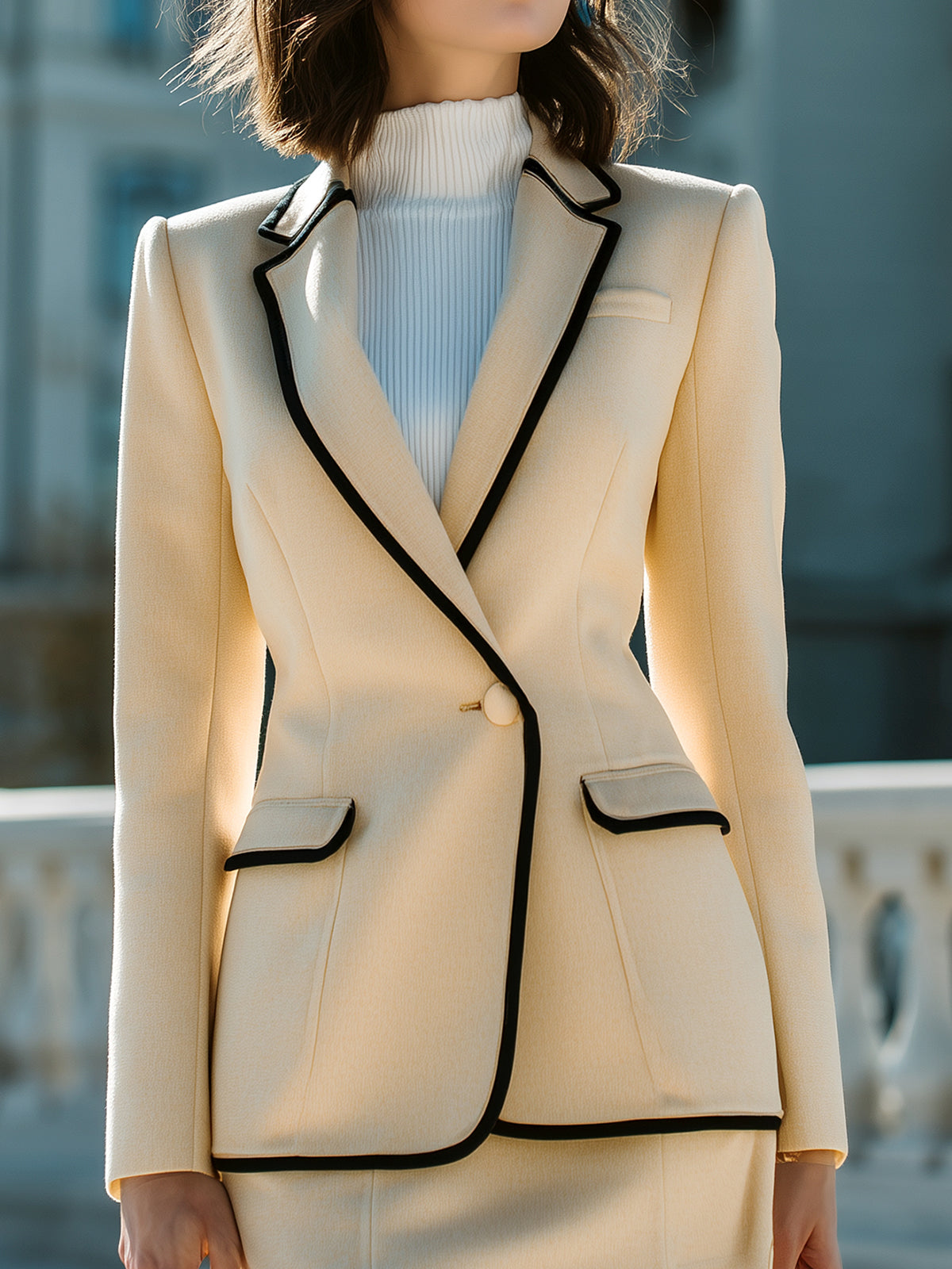 ElevenOra Vintage Elegant Wool Blend Notched Collar Single Breasted Contrast Trim Tailored Waist Blazer