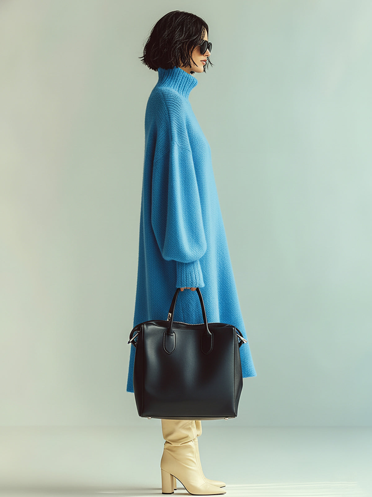 ElevenOra Chic Casual Blue Turtle Neck Oversized Long Sleeve Knit Midi Dress