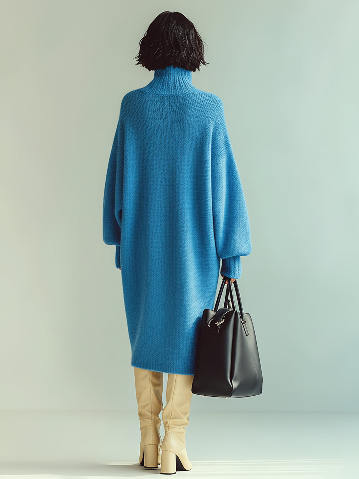 ElevenOra Chic Casual Blue Turtle Neck Oversized Long Sleeve Knit Midi Dress