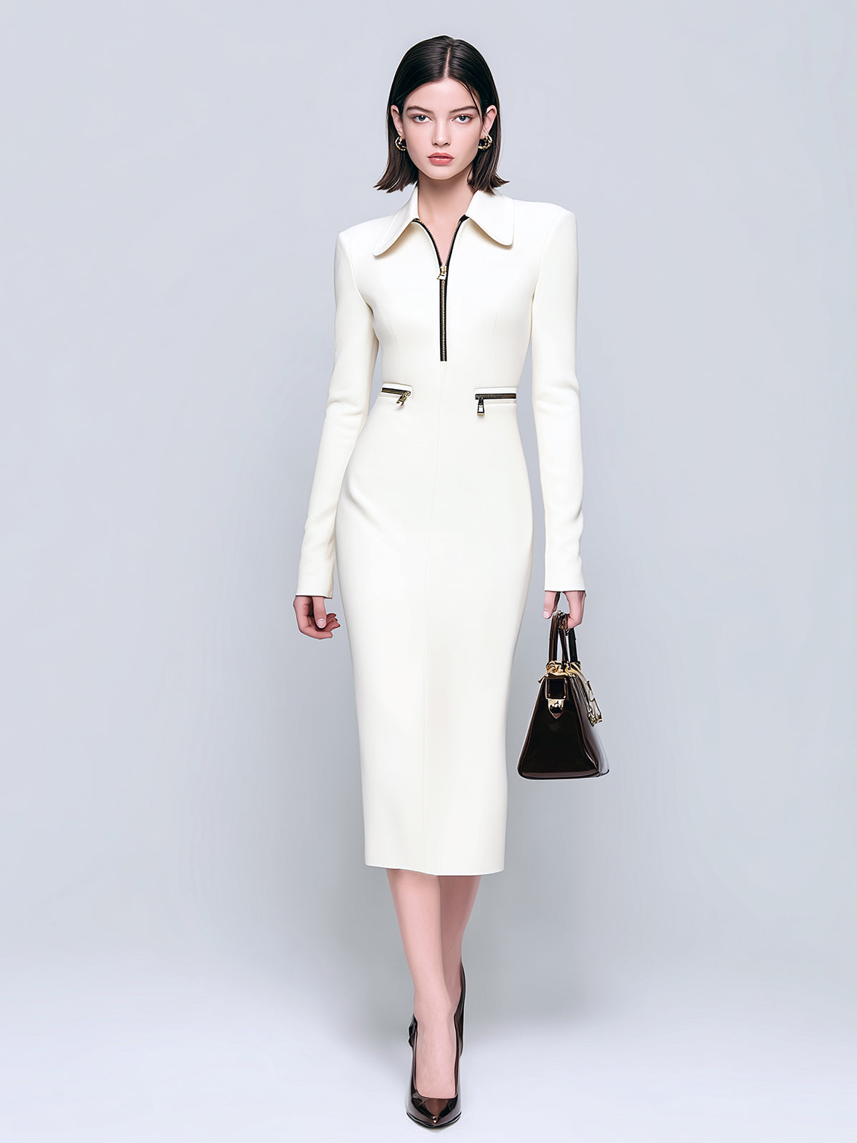 ElevenOra Casual Office Cotton Blend Lapel Collar Tailored Waist Zipper Details Long Sleeve Bodycon Midi Dress