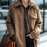 ElevenOra Casual Chic Brown Wool Blend Tweed Lapel Zip-Front Flap Pocket Jacket