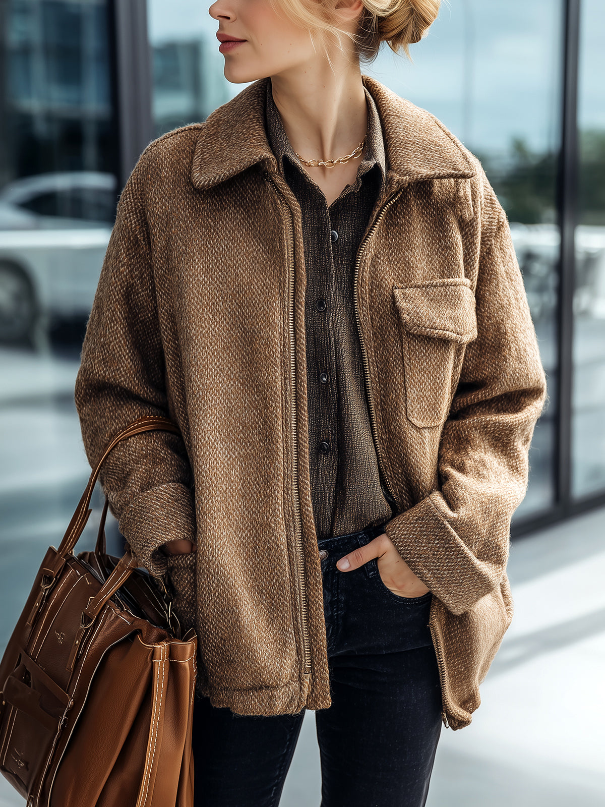 ElevenOra Casual Chic Brown Wool Blend Tweed Lapel Zip-Front Flap Pocket Jacket