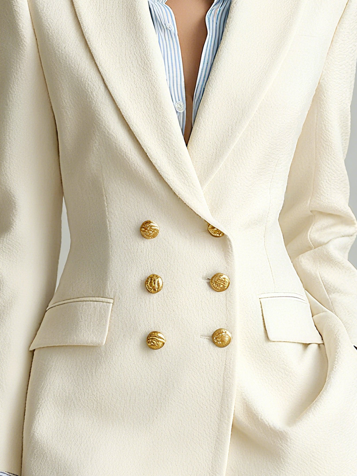 ElevenOra Chic Vintage Cotton-blend Peak Lapel Metal Buttons Double-breasted Slim-fit Blazer