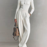 ElevenOra Chic Elegant Zip-up Mock Neck Slim-Fit Sweater Elastic Waist Wide-Leg Pants Knit Two-Piece Set