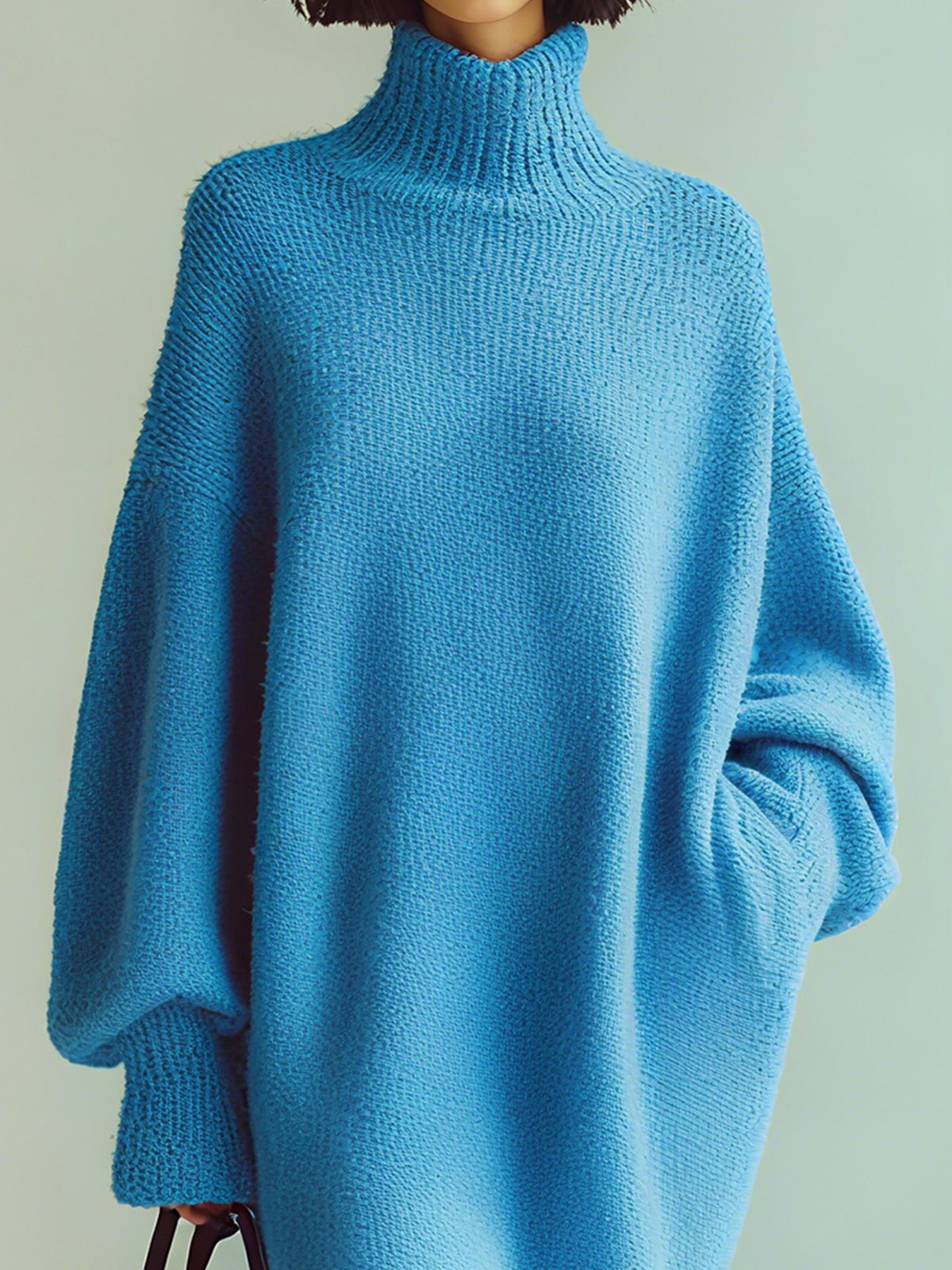 ElevenOra Chic Casual Blue Turtle Neck Oversized Long Sleeve Knit Midi Dress