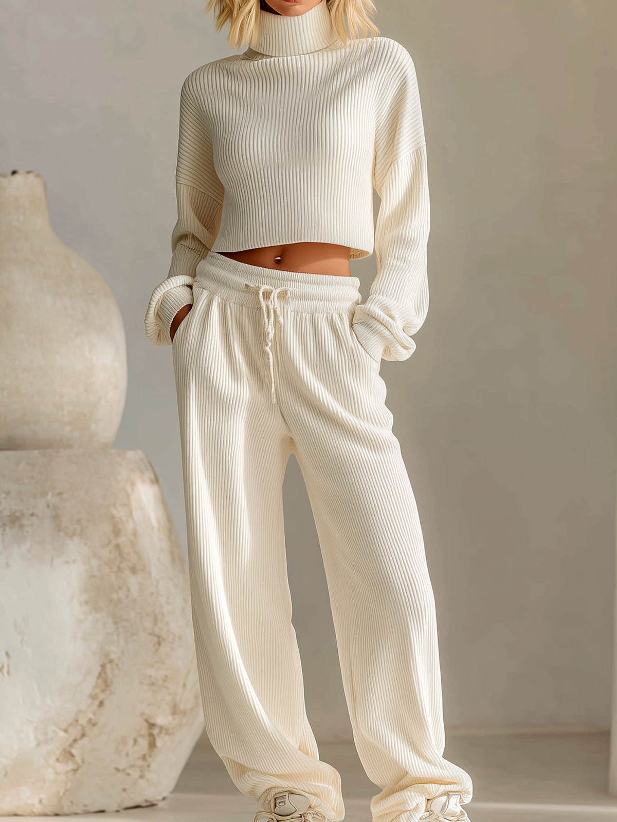 ElevenOra Chic Vintage Turtle Neck Long-sleeve Mini Sweater Elastic Waist Wide-leg Pants Knit Two-Piece Set