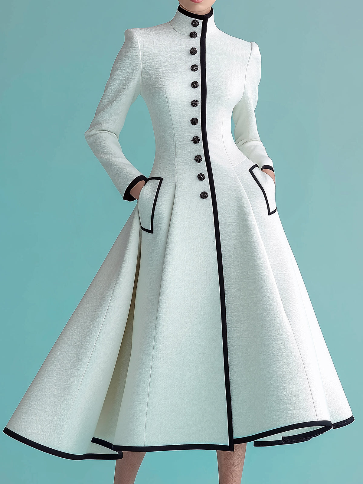 ElevenOra Vintage Elegant Wool Blend Stand Collar Single-breasted Tailored Waist Mid-Length Dress Coat