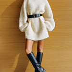 ElevenOra Stylish Casual Beige Round Neck Belted Long-Sleeved Knit Mini Dress