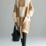 ElevenOra Chic Elegant Contrast Checkerboard Round Neck Oversized Long-sleeved Knitted Midi Dress