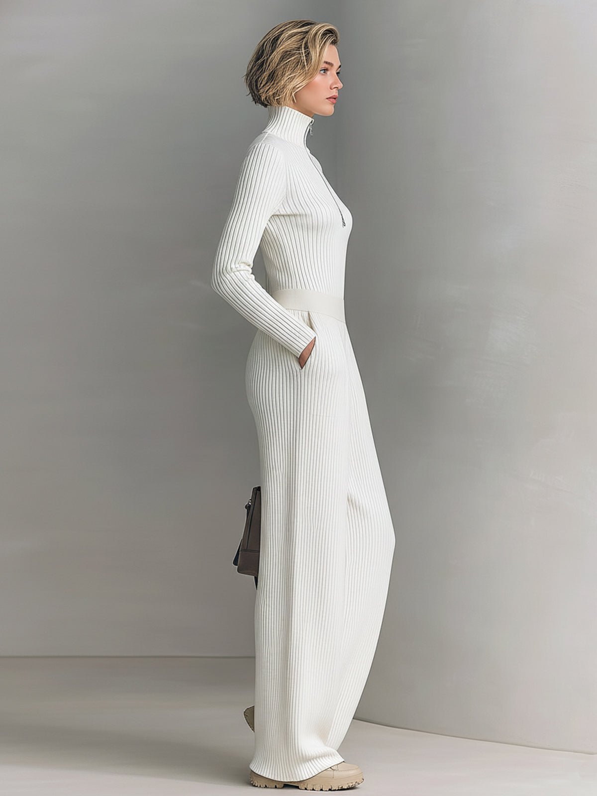 ElevenOra Chic Elegant Zip-up Mock Neck Slim-Fit Sweater Elastic Waist Wide-Leg Pants Knit Two-Piece Set