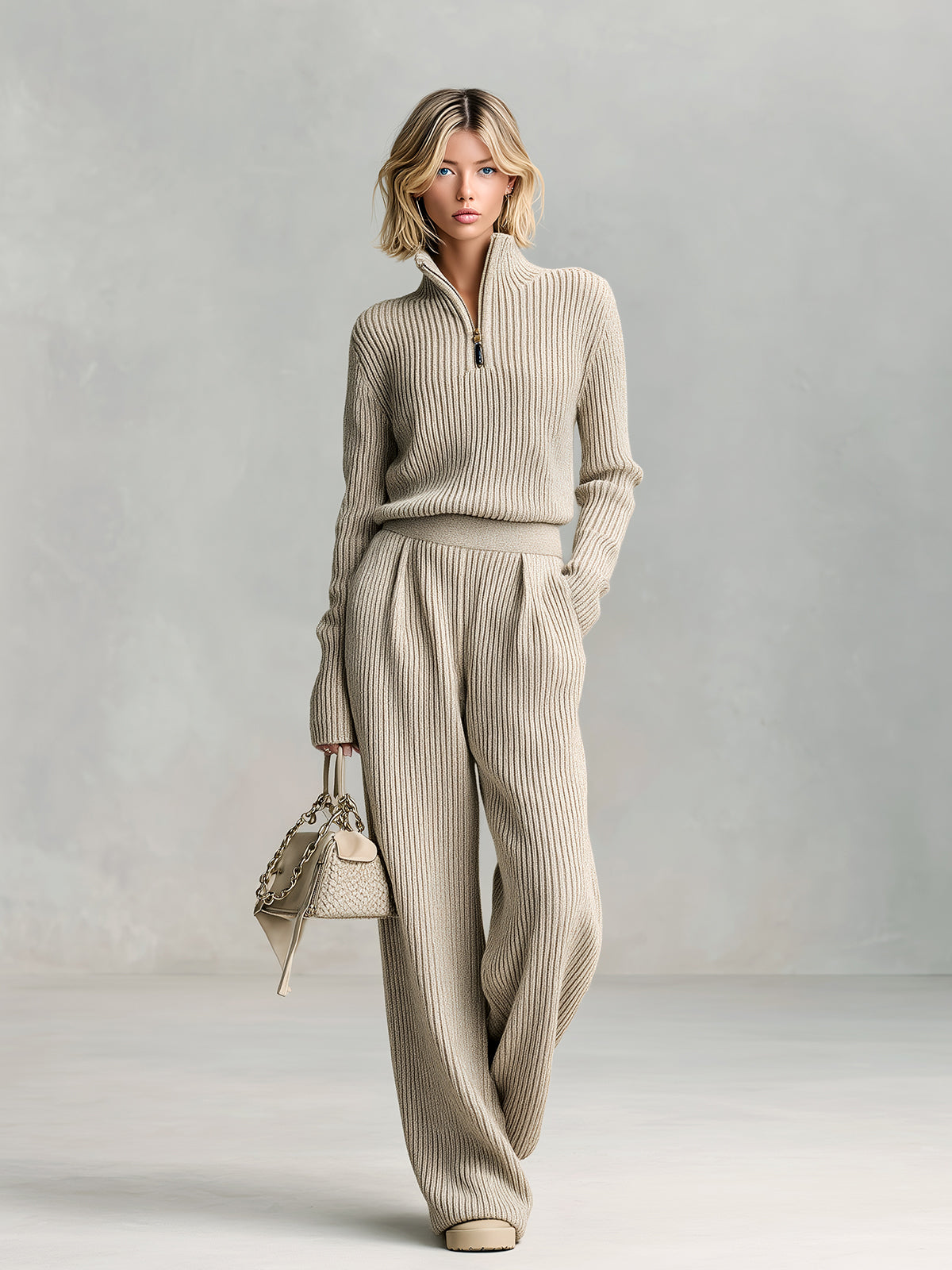 ElevenOra Casual Elegant Zipper Stand Collar Long Sleeve Sweater Wide Leg Pants Ribbed Knitted Two-piece Set