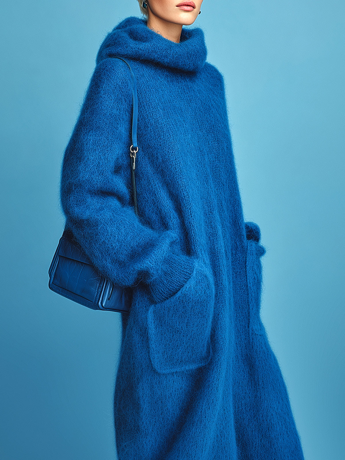 ElevenOra Chic Elegant Royal Blue Oversized Long Sleeve Patch Pockets Fuzzy Knit Hooded Maxi Dress
