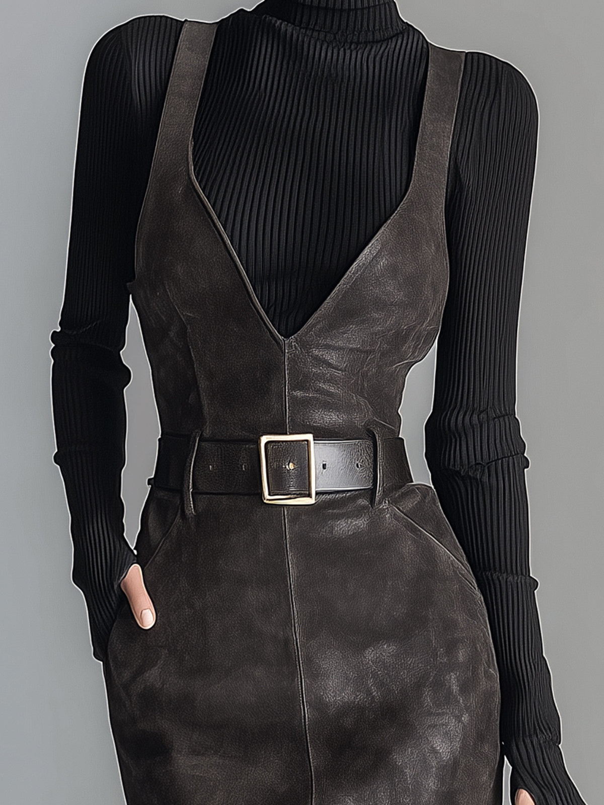 ElevenOra Chic Elegant Dark Gray Faux Suede Deep V-Neck Tailored Waist Belted Side Slit Pinafore Maxi Dress
