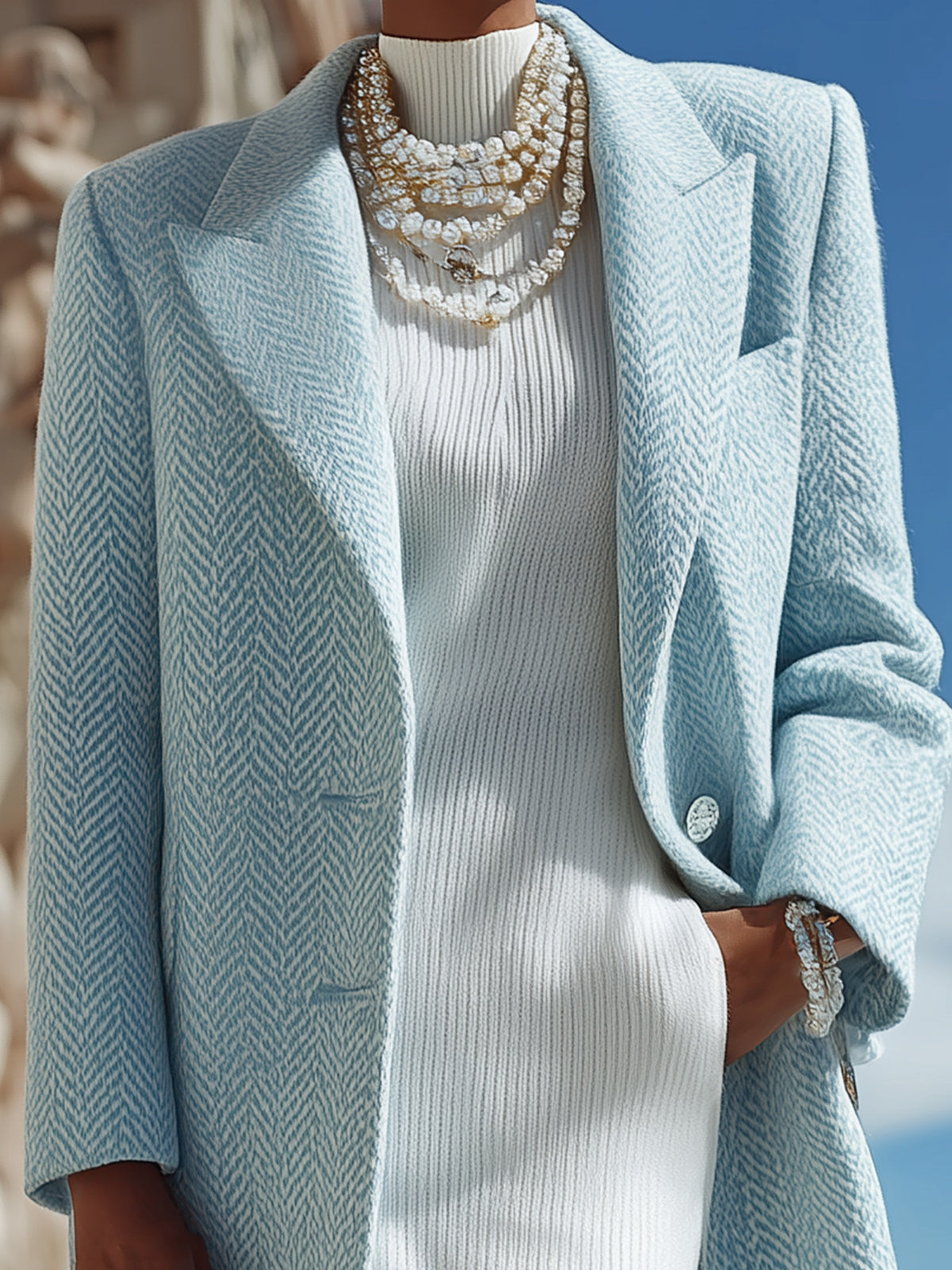 ElevenOra Vintage Blue Herringbone Wool Blend Peak Lapel Single-breasted Mid-length Coat