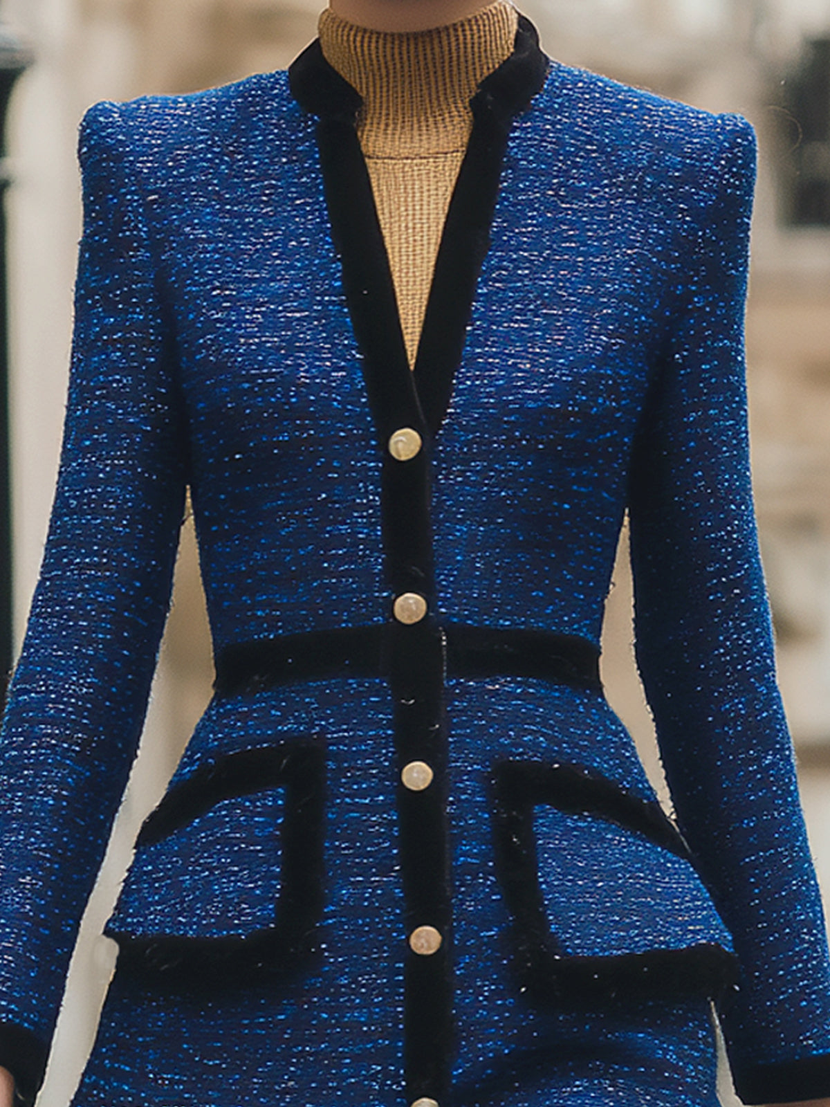 ElevenOra Vintage Elegant Tweed Contrast Trim V-neck Single-breasted Tailored Wast Mini Dress Coat