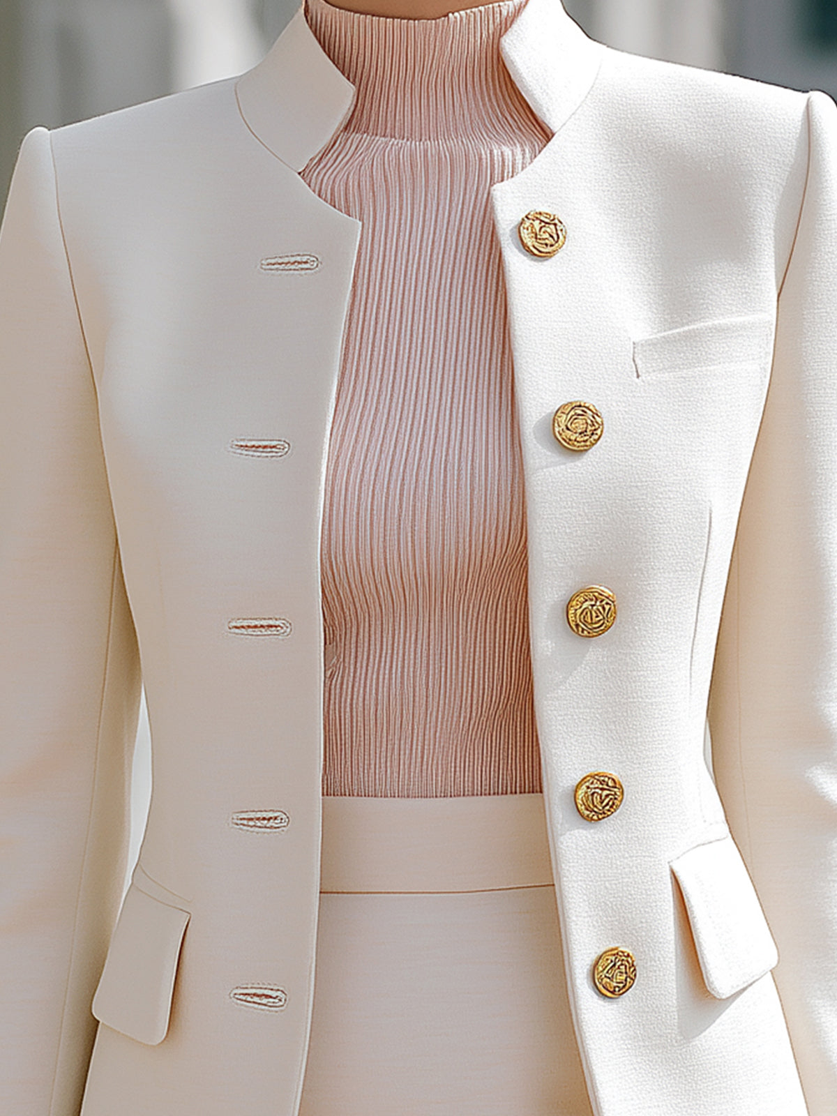 ElevenOra Chic Elegant Ivory Wool-blend Stand-collar Single-breasted Slim-fit Blazer
