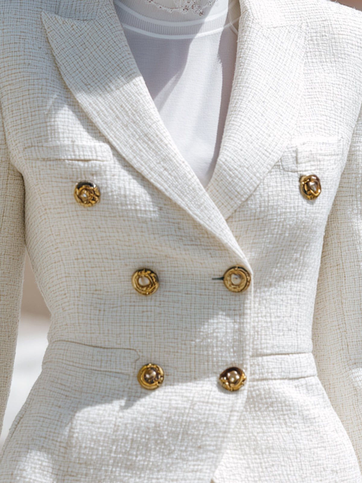 ElevenOra Vintage Elegant Cream White Tweed Peaked Lapel Double-Breasted Tailored Blazer