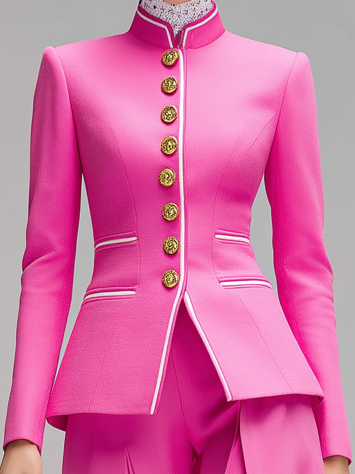 ElevenOra Vintage Elegant Stand Collar Single-Breasted Contrast Trim Tailored Waist Blazer