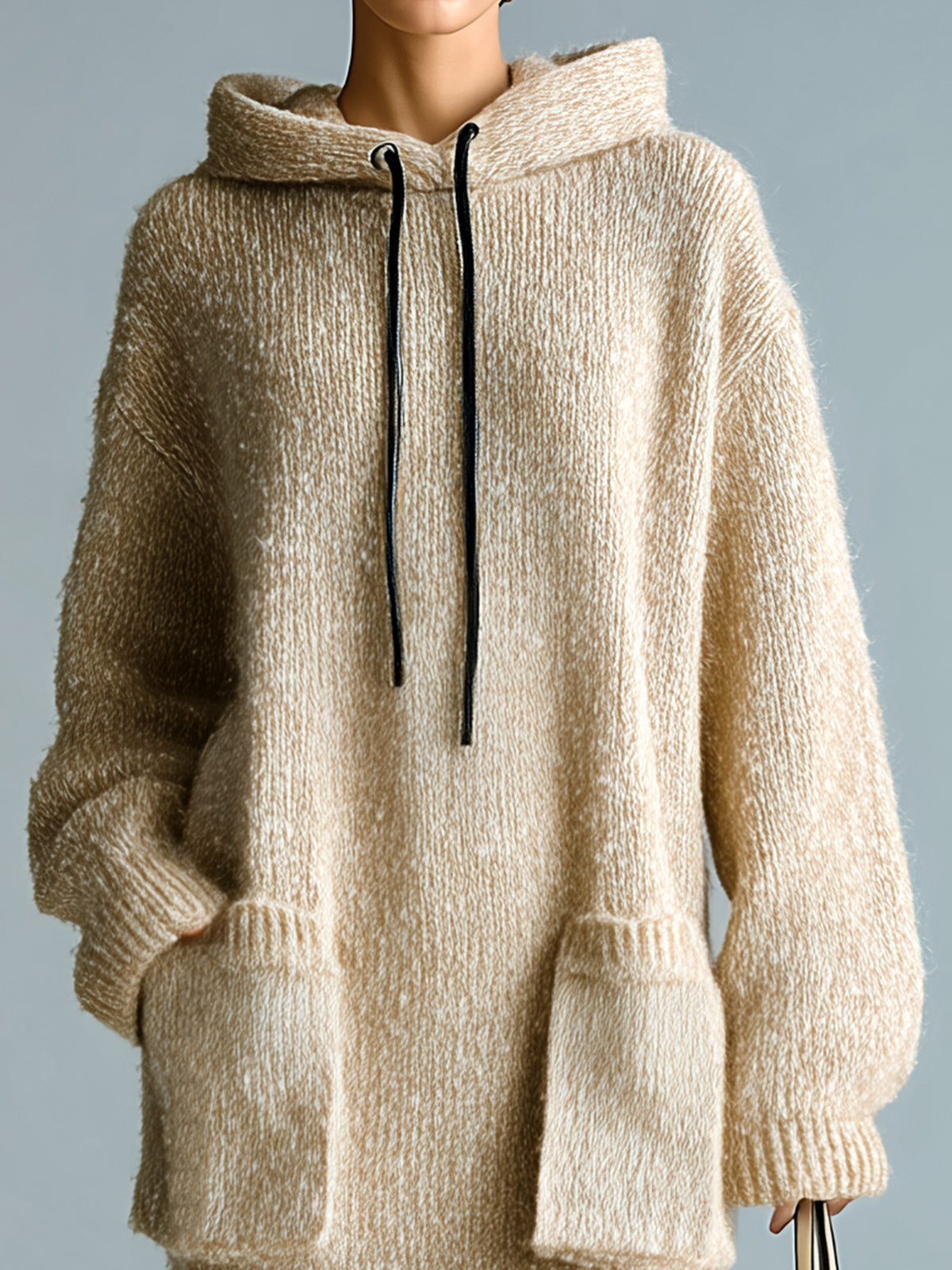 ElevenOra Chic Casual Light Khaki Oversized Long Sleeve Patch Pockets Knit Hooded Midi Dress