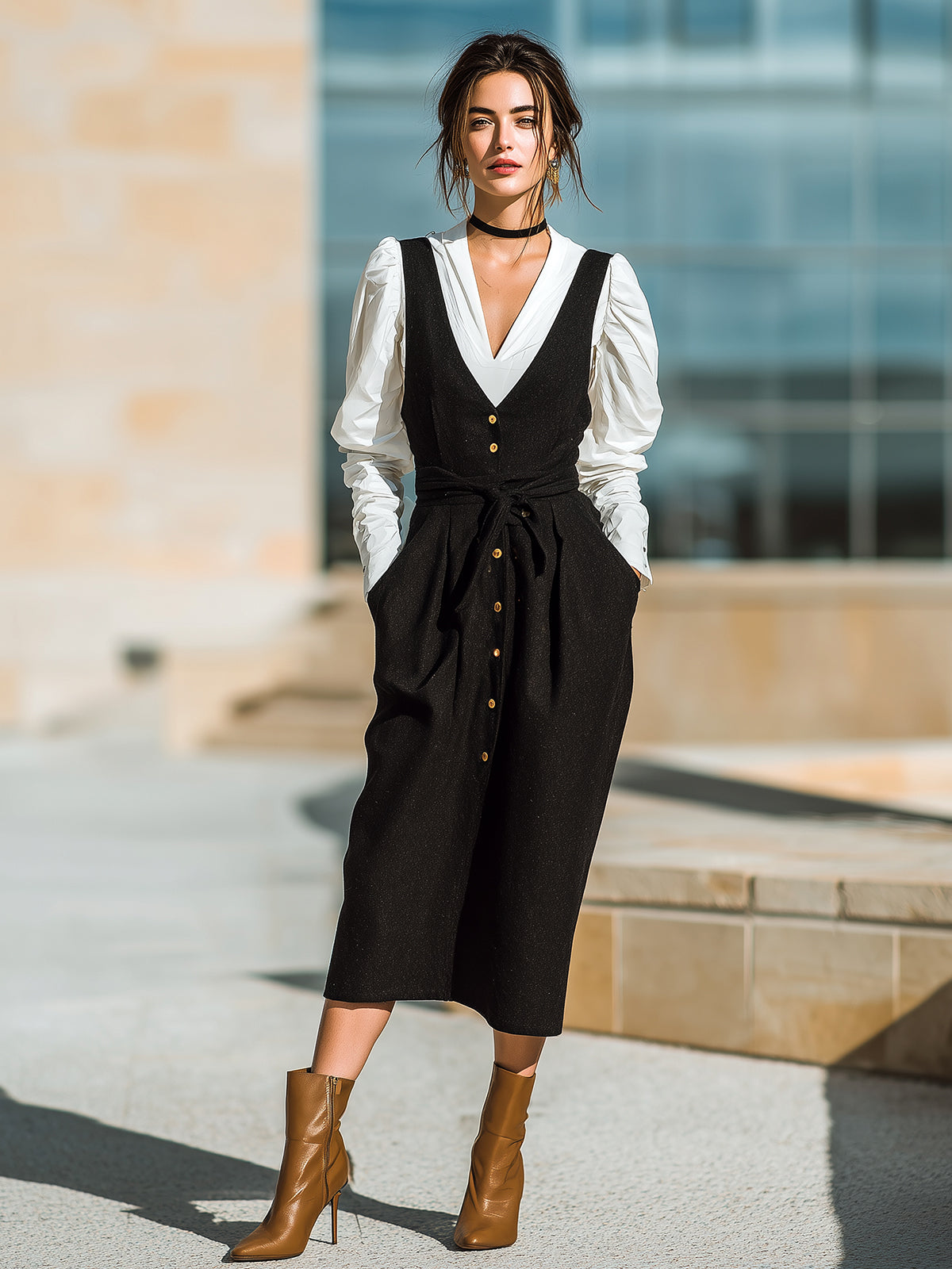 ElevenOra Chic Casual Black Wool Blend V-Neck Button-Front Belted Pinafore Bodycon Midi Dress