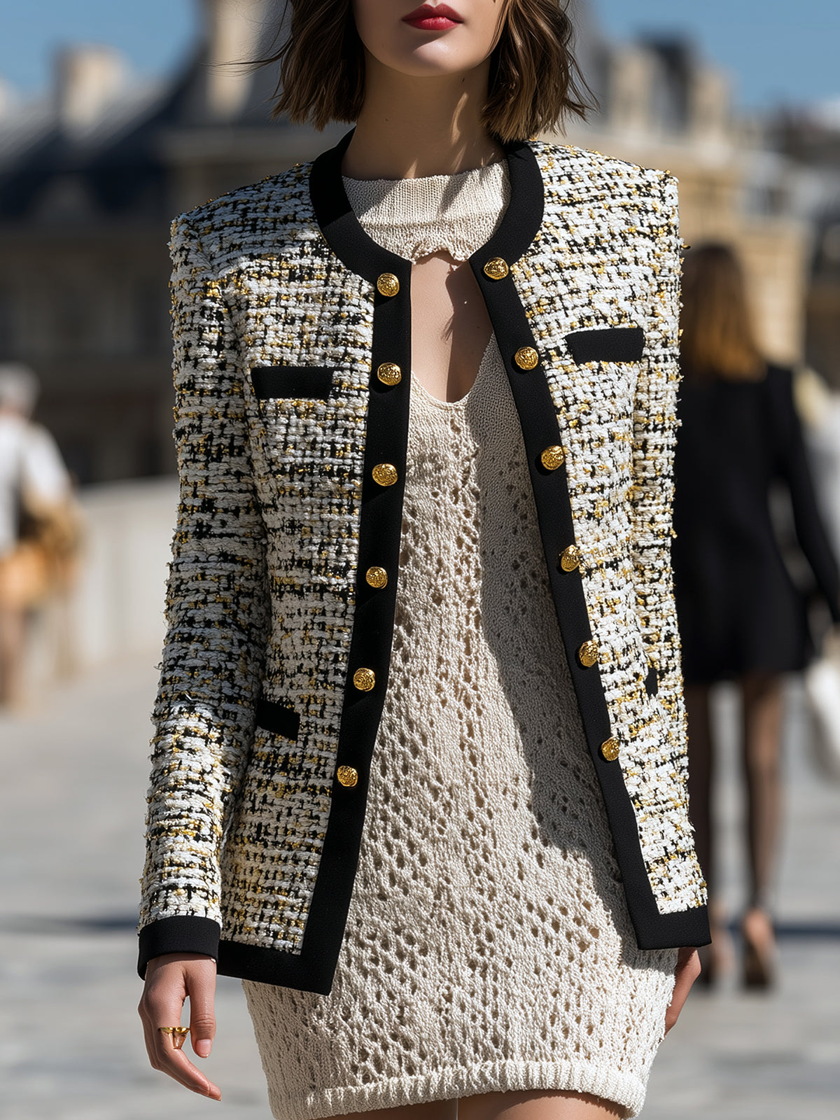 ElevenOra Vintage Elegant Tweed Round-neck Contrast Trim Metal Button Details Slim-fit Jacket