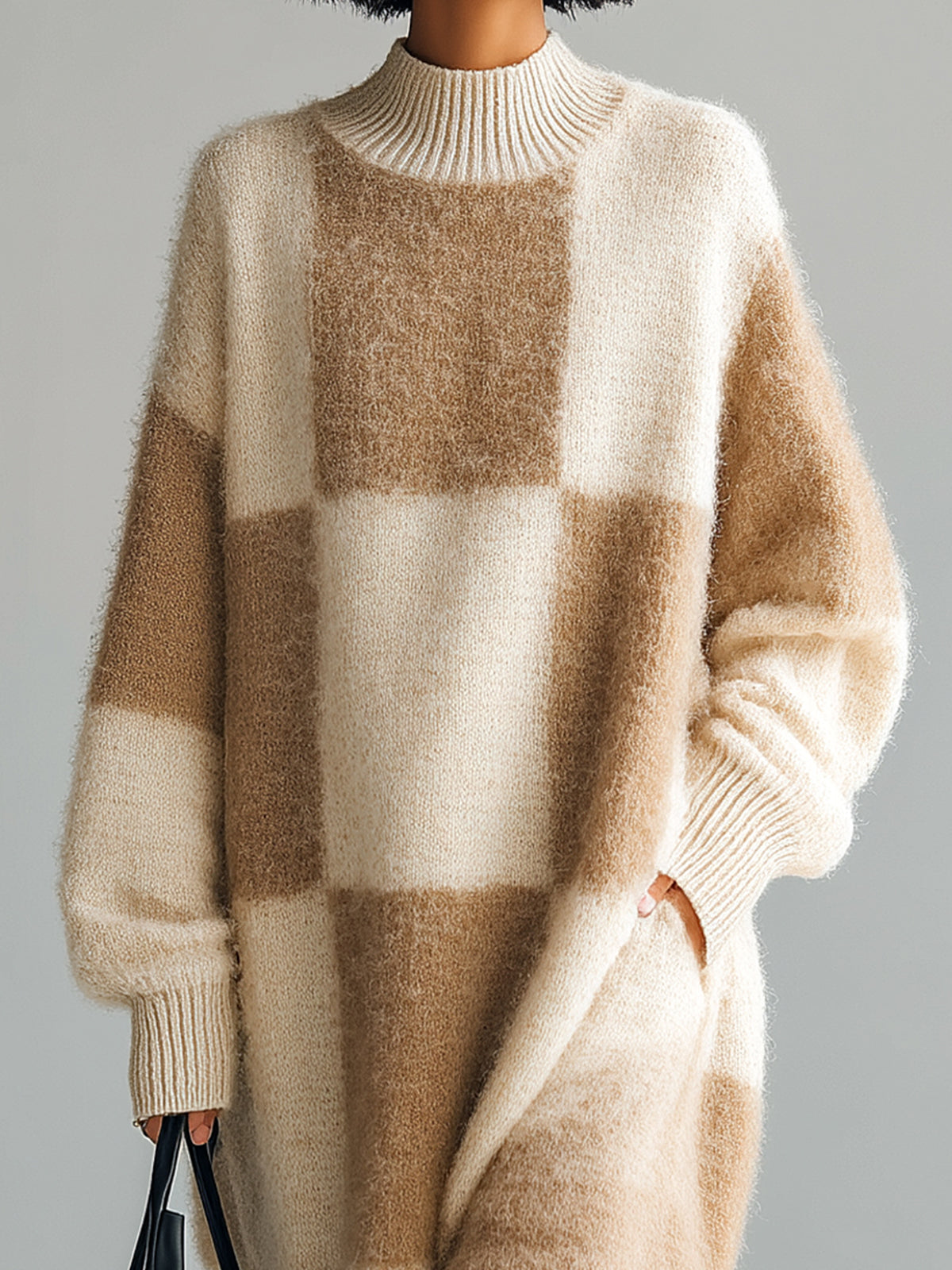 ElevenOra Chic Elegant Contrast Checkerboard Round Neck Oversized Long-sleeved Knitted Midi Dress