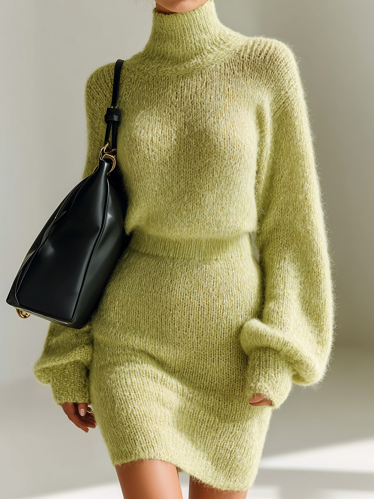 ElevenOra Chic Elegant Turtle Neck Long Lantern Sleeve Sweater Bodycon Mini Skirt Mohair Knit Two-Piece Set