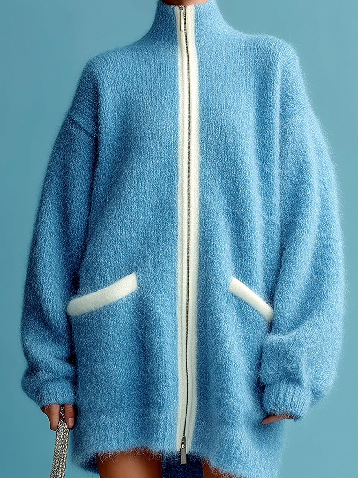 ElevenOra Casual Chic Blue Stand Collar Zipper-Front Contrast Trim Oversized Long Sleeve Knit Cardigan