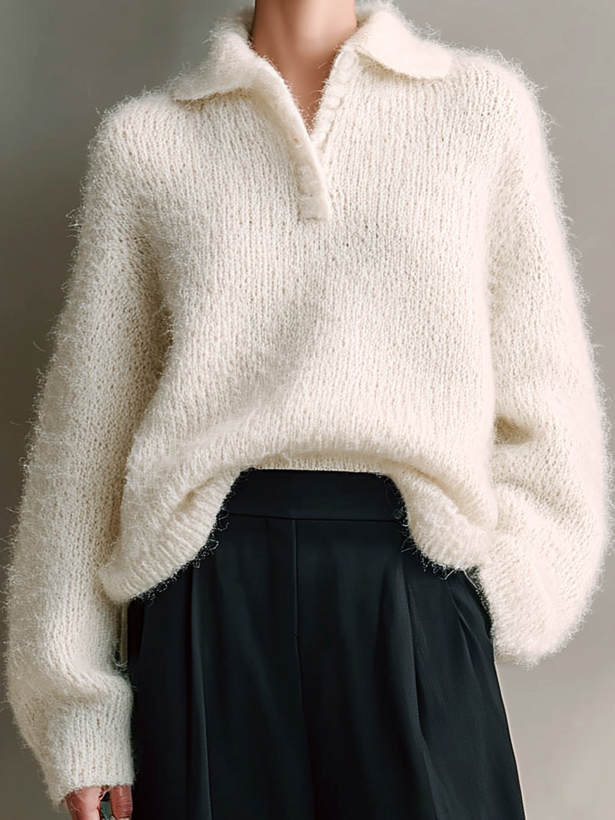 ElevenOra Chic Casual Cream White Polo Collar Oversized Long-Sleeve Mohair Knit Sweater