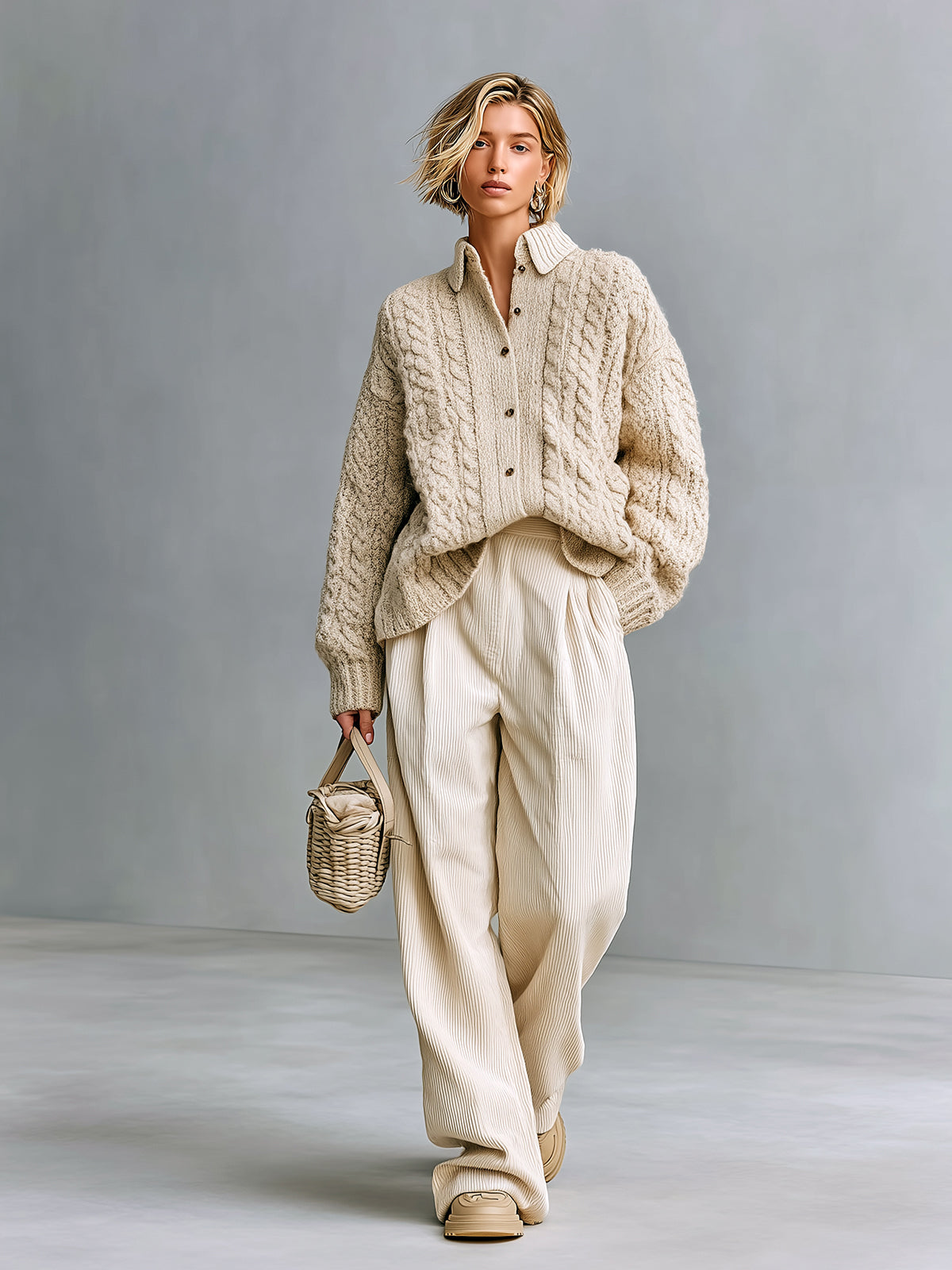 ElevenOra Chic Lapel Single-breasted Long-sleeved Cable-knit Cardigan And Wide-leg Ribbed Knit Two-piece Set