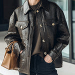 ElevenOra Casual Dark Brown Crocodile Embossed Faux Leather Lapel Single-Breasted Utility Pocket Jacket