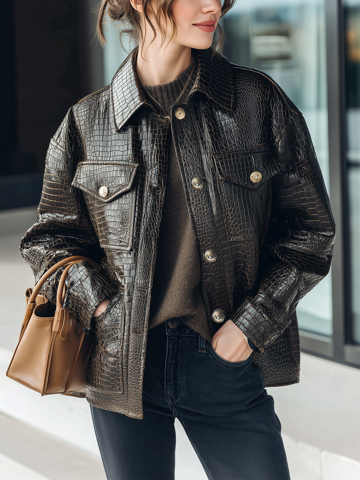 ElevenOra Casual Dark Brown Crocodile Embossed Faux Leather Lapel Single-Breasted Utility Pocket Jacket