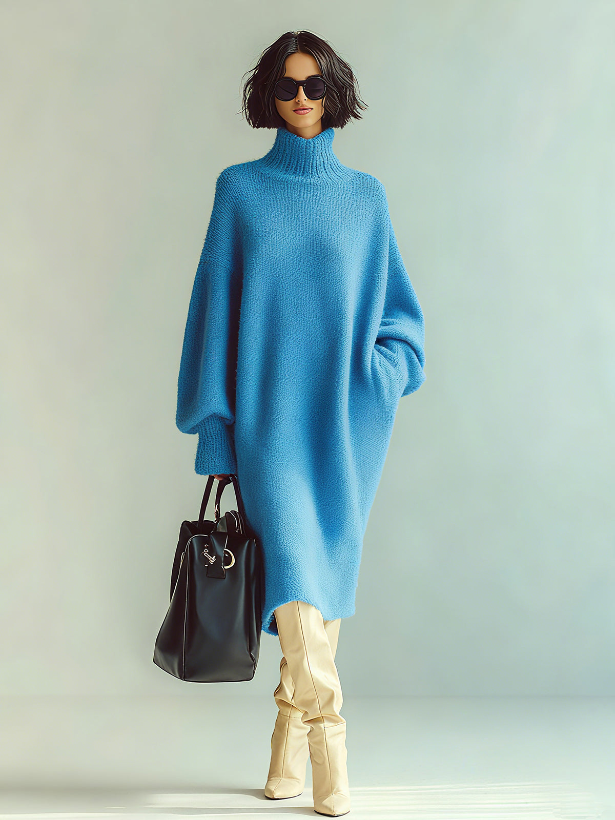 ElevenOra Chic Casual Blue Turtle Neck Oversized Long Sleeve Knit Midi Dress
