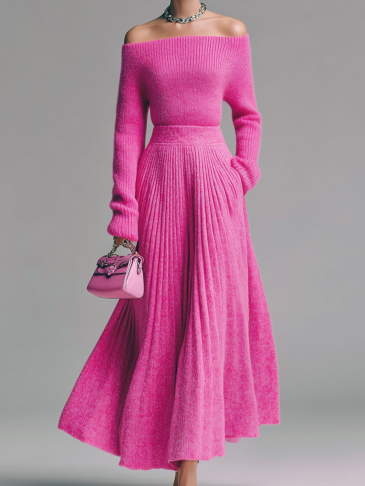ElevenOra Vintage Elegant Off-The-Shoulder Long-sleeved Sweater Pleated Maxi Skirt Knitted Two-piece Set