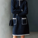 ElevenOra Chic Casual Navy Zipper Stand Collar Patch Pockets Long Sleeve Fuzzy Knit Mini Dress