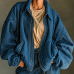 ElevenOra Casual Chic Dark Blue Wool Blend Lapel Zip-Front Oversized Bomber Jacket