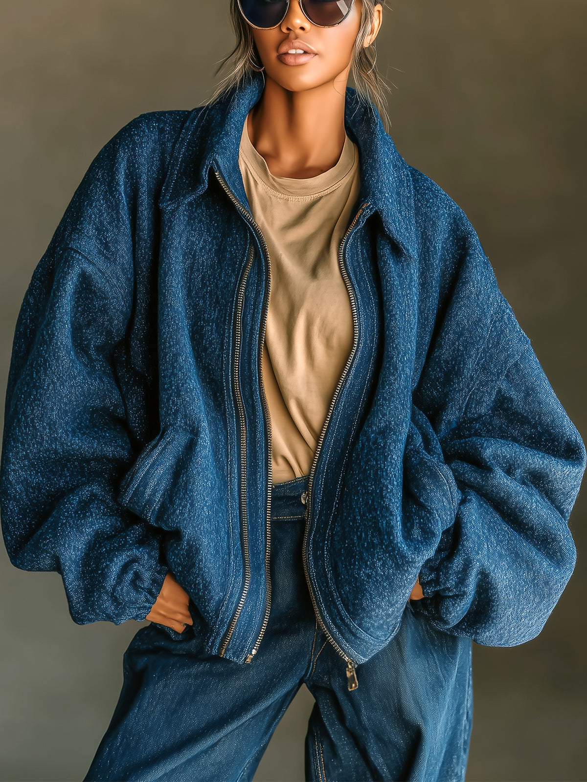 ElevenOra Casual Chic Dark Blue Wool Blend Lapel Zip-Front Oversized Bomber Jacket