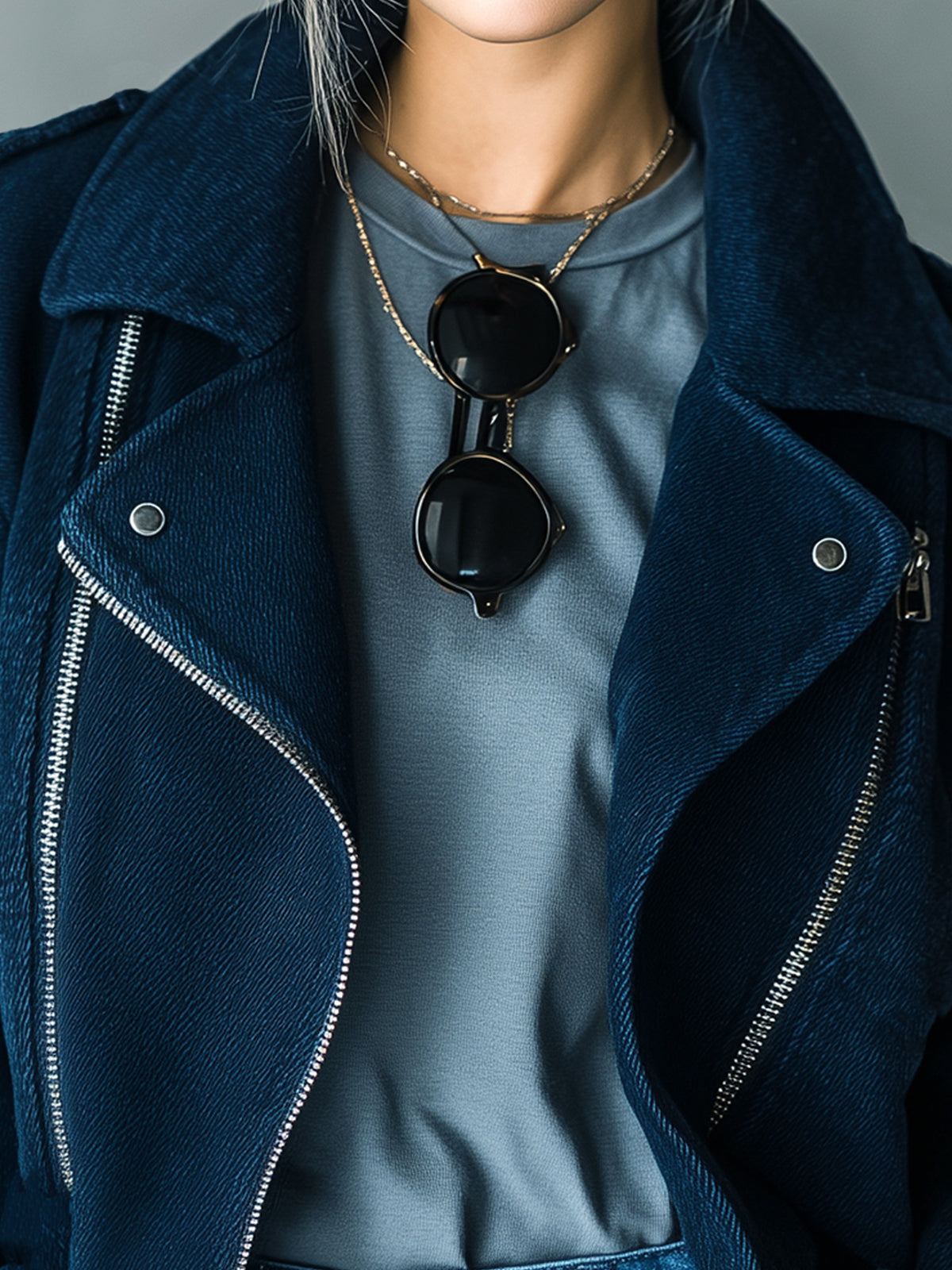 ElevenOra Casual Cool Navy Blue Washed Twill Cotton Blend Lapel Zip-Front Cropped Biker Jacket