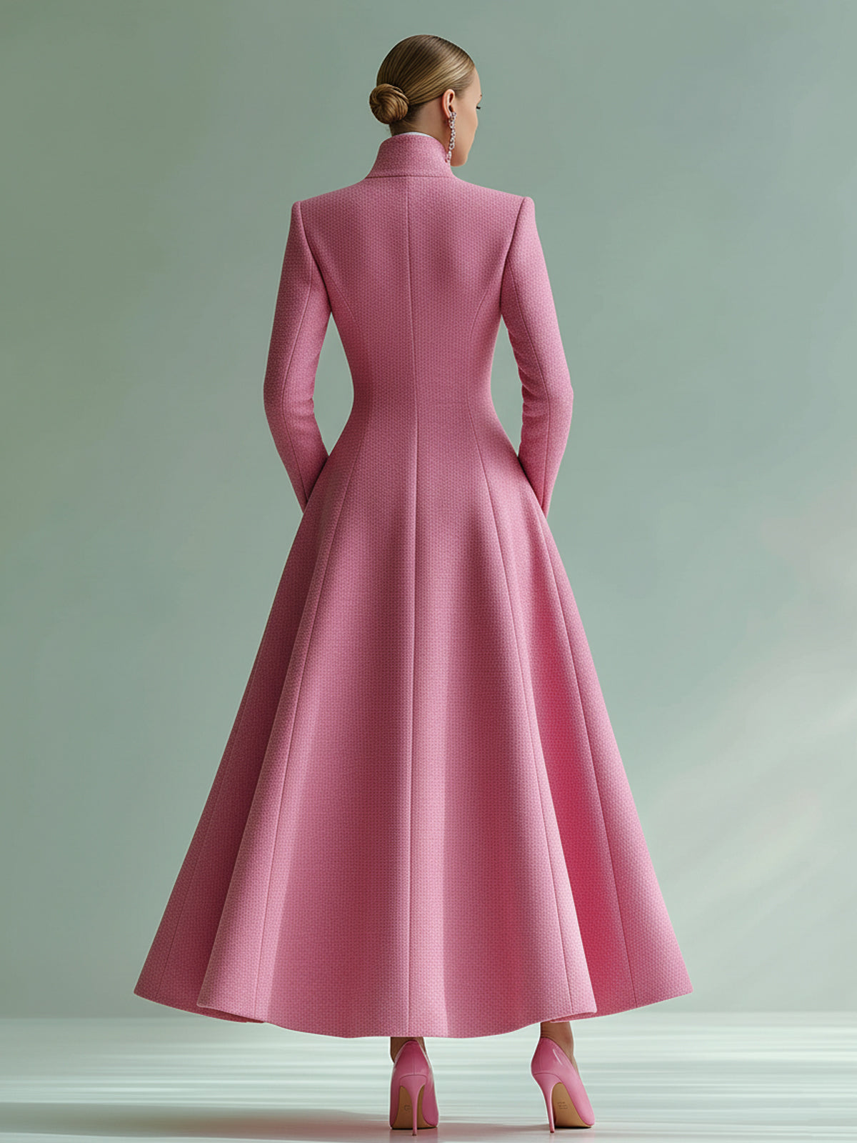 ElevenOra Vintage Pink Stand-up Collar Wool Blend Single-breasted Tailored Maxi Dress Coat