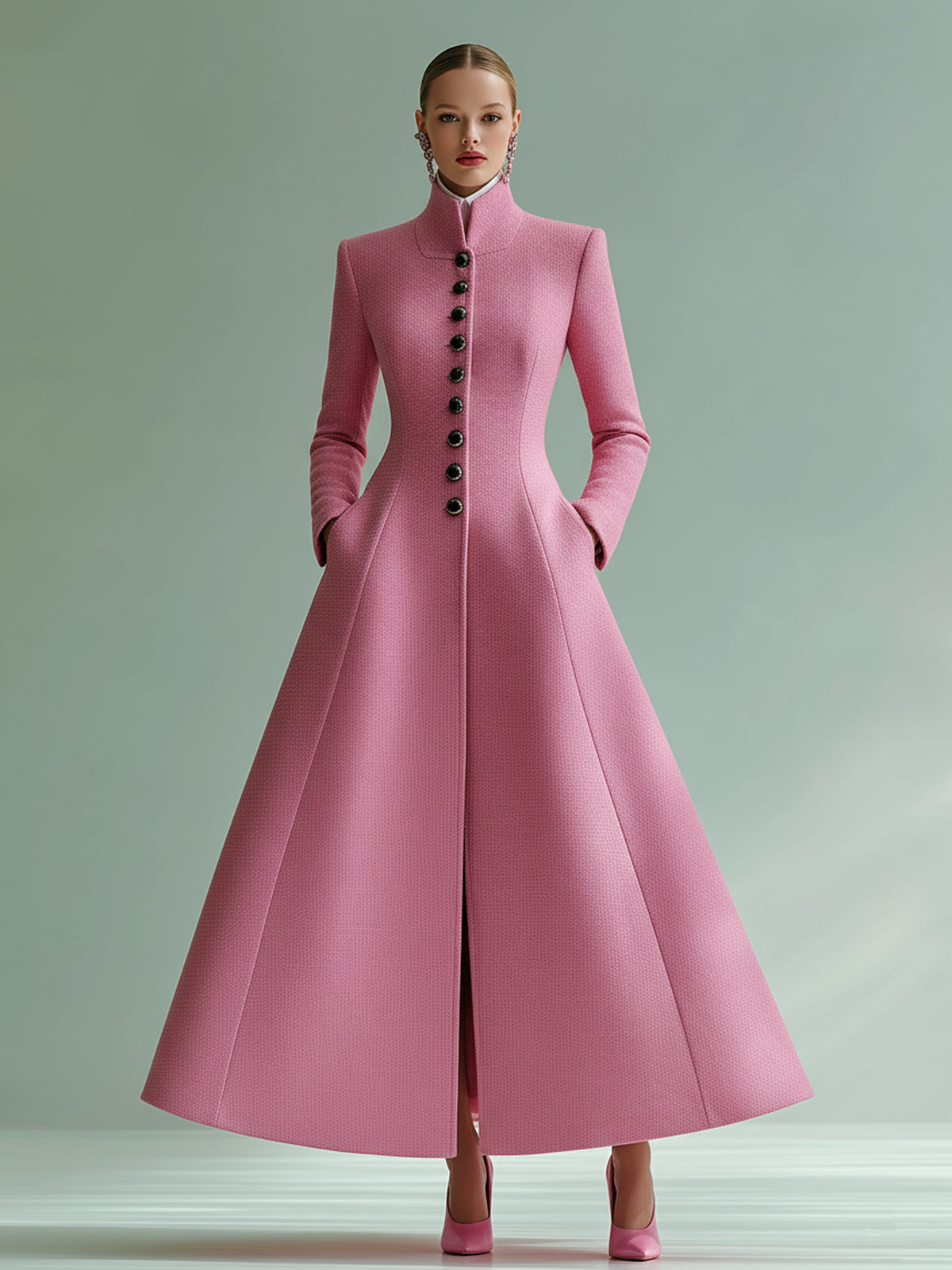 ElevenOra Vintage Pink Stand-up Collar Wool Blend Single-breasted Tailored Maxi Dress Coat