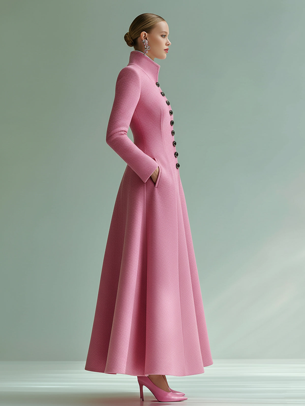 ElevenOra Vintage Pink Stand-up Collar Wool Blend Single-breasted Tailored Maxi Dress Coat
